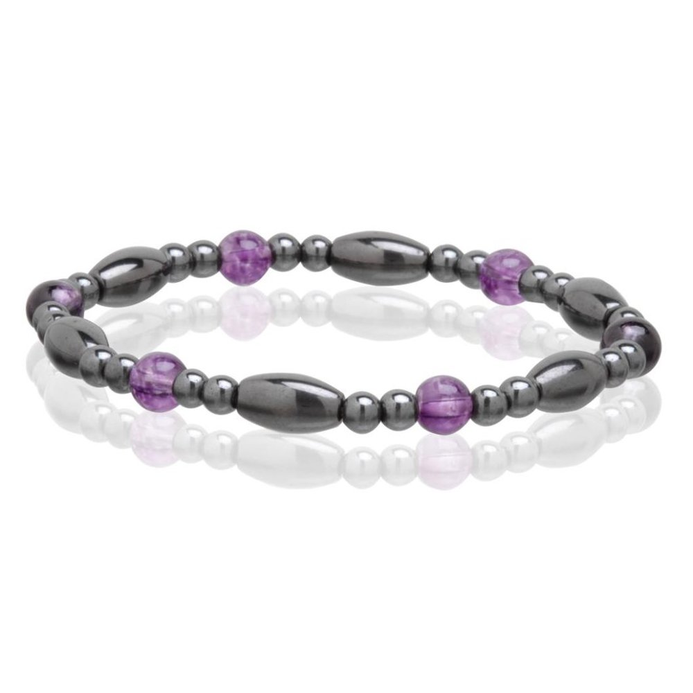 Magnetic Hematite Bracelet, Beaded Gemstone Stretchable Amethyst Bracelet